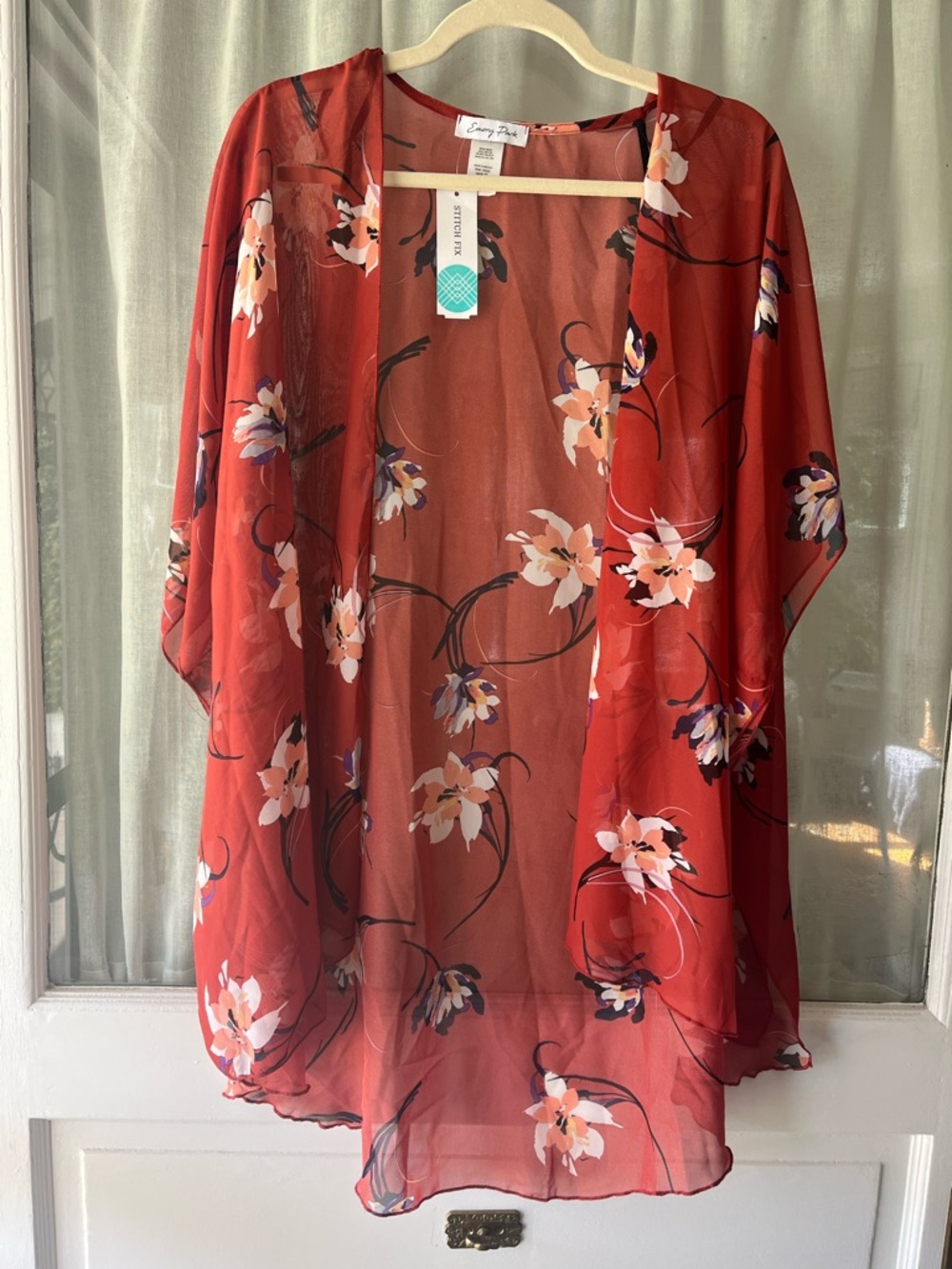 NWT Emory Park Sz L Rust Floral Sheer Kimono Cover-Up Boho Beach Pool Festival